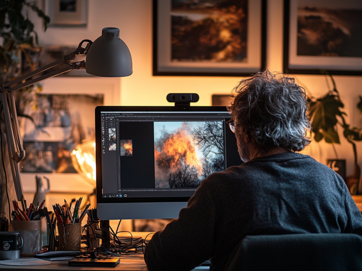 Fotograf obrabiający zdjęcia na wydajnym zestawie komputerowym.