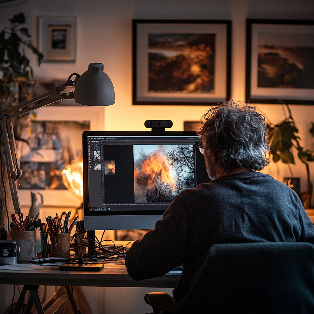 Fotograf obrabiający zdjęcia na wydajnym zestawie komputerowym.