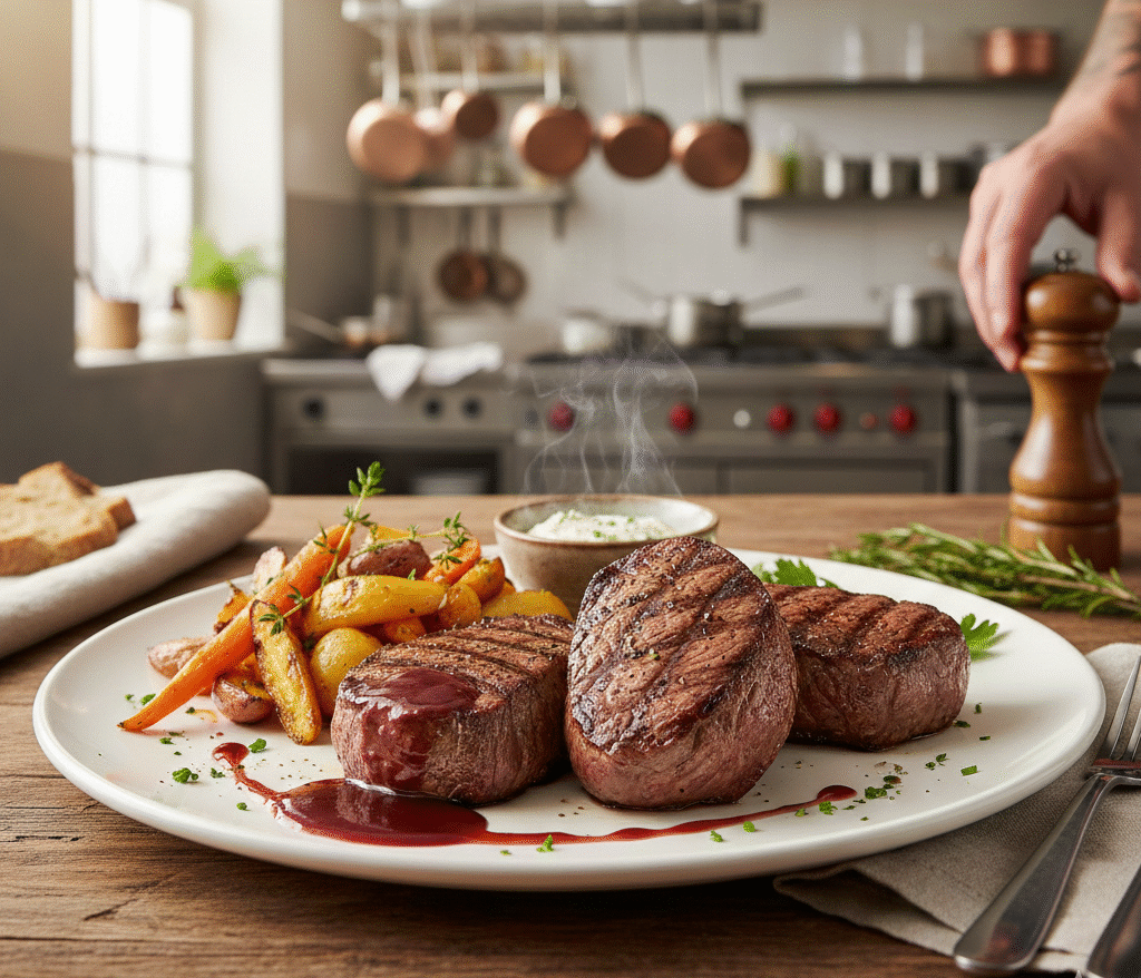 Bitki wołowe na talerzu z dodatkami