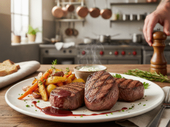 Bitki wołowe na talerzu z dodatkami